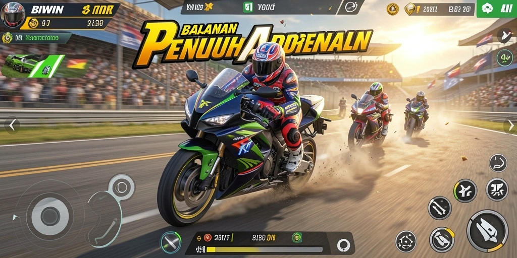 Tampilan gameplay BIWIN yang menegangkan dan penuh aksi balapan motor.