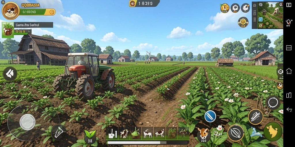 Screenshot gameplay QQ88ASIA menampilkan kebun yang subur dan aktif.