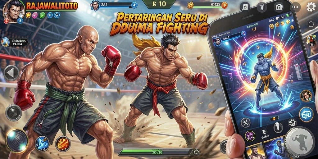 Screenshot gameplay RAJAWALITOTO menunjukkan pertarungan yang seru dan dinamis.