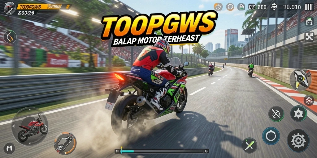 Screenshot gameplay TOOPGWS yang menampilkan balapan motor yang seru.