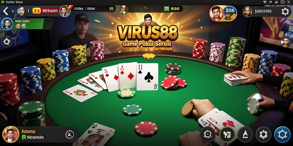 Screenshot gameplay <strong>VIRUS88</strong> yang menunjukkan aksi Poker yang seru.